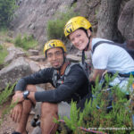 Raj and Sara rock climbing in Rogno, Lake Iseo